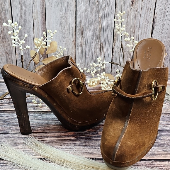 GUCCI BROWN SUEDE HORSEBIT WOODEN HEEL CLOGS
